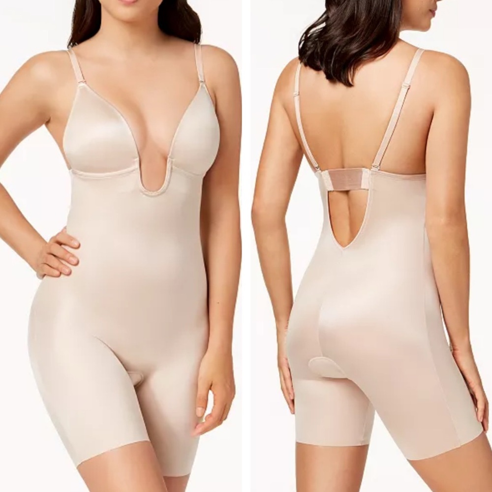 SPANX Suit Your Fancy Plunge Low Back Mid Thigh Bodysuit NEW L Champagne Beige